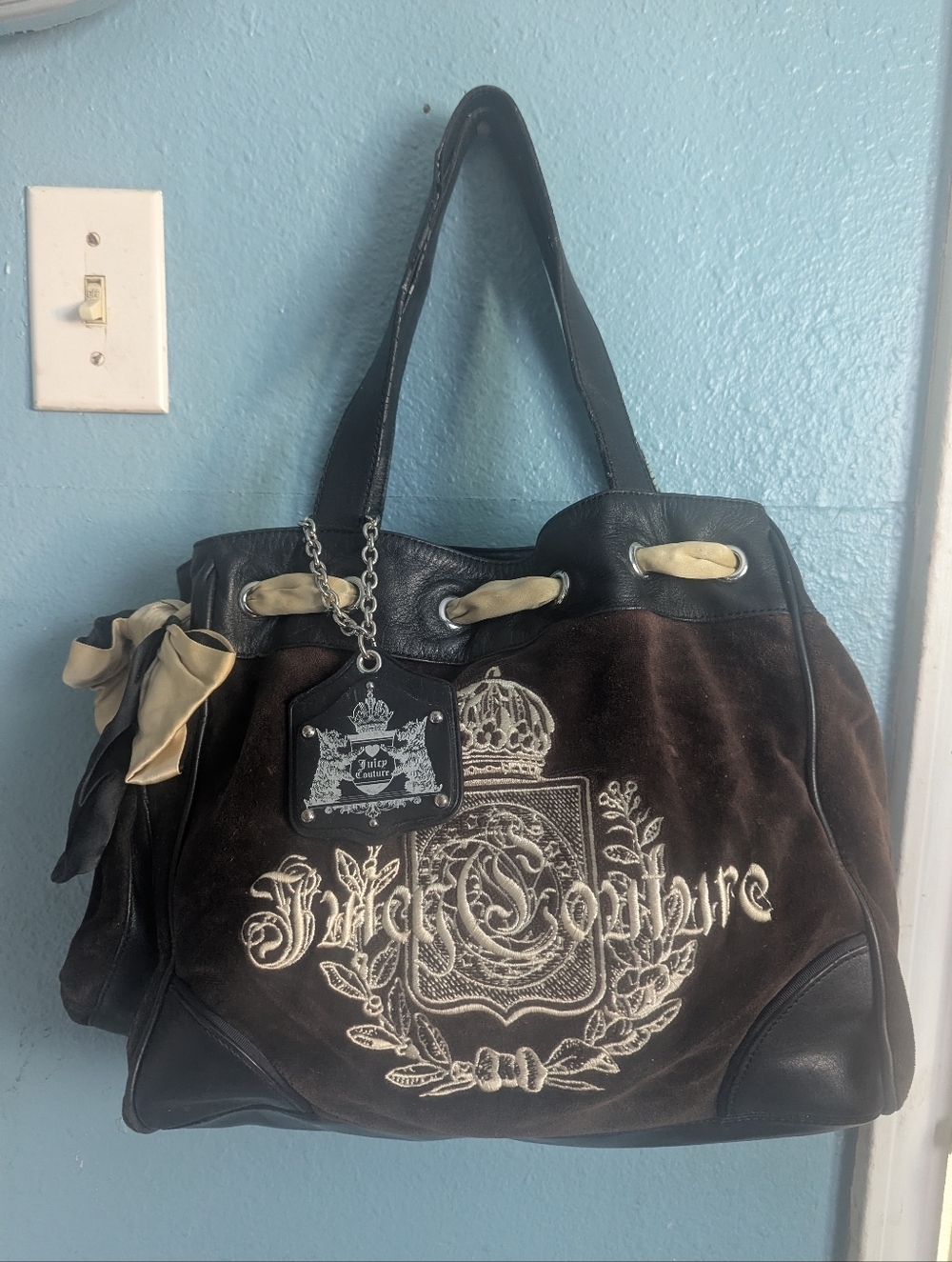 Juicy Couture Brown & Black Suede Embroidered Tote with Cream Accents